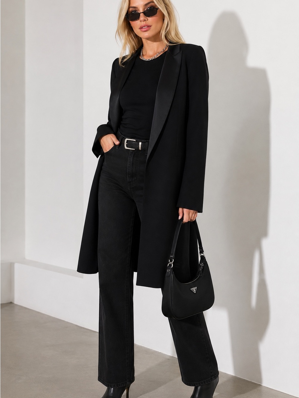 Kay Unger Black Longline Tuxedo Blazer Satin Lapel Y2K Size 6 Cos Style